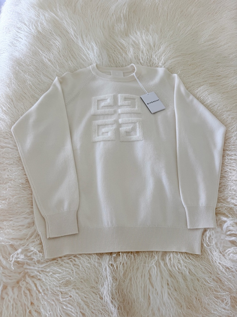Givenchy Cream Crewneck 100% Cashmere Sweater with Embossed Logo